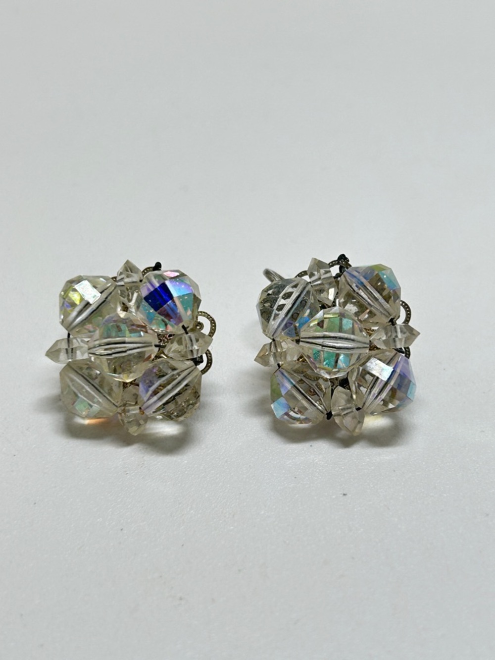 Laguna, Vintage Silver And AB Crystal Clip Earrings